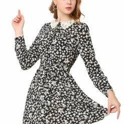 Allegra K Women's Peter Pan Collar Lace Trim Button Long Sleeves Floral Shirt Dress With Belt 40 Allegra K Women's Peter Pan Collar Lace Trim Button Long Sleeves Floral Shirt Dress With Belt
