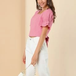 Allegra K Women's Square Neck Crop Tops Ruffle Puff Short Sleeve Tie Back Summer Blouses