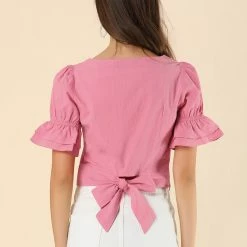 Allegra K Women's Square Neck Crop Tops Ruffle Puff Short Sleeve Tie Back Summer Blouses