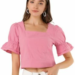 Allegra K Women's Square Neck Crop Tops Ruffle Puff Short Sleeve Tie Back Summer Blouses