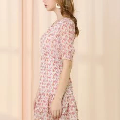 Allegra K Women's Casual Floral V Neck Keyhole Back A-Line Ruffle Dress