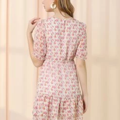 Allegra K Women's Casual Floral V Neck Keyhole Back A-Line Ruffle Dress