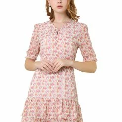 Allegra K Women's Casual Floral V Neck Keyhole Back A-Line Ruffle Dress