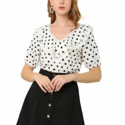 Allegra K Women's Ruffle Neck Short Sleeve Lace Splicing Vintage Polka Dots Blouse
