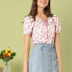 Allegra K Women's Floral Ruffle Tie Neck Elastic Cuff Casual Blouse Top