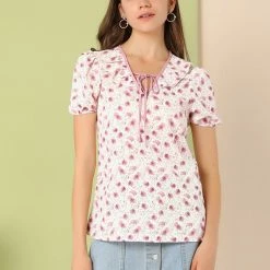 Allegra K Women's Floral Ruffle Tie Neck Elastic Cuff Casual Blouse Top