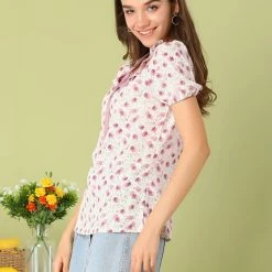 Allegra K Women's Floral Ruffle Tie Neck Elastic Cuff Casual Blouse Top