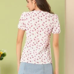 Allegra K Women's Floral Ruffle Tie Neck Elastic Cuff Casual Blouse Top