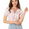 Allegra K Women's Floral Ruffle Tie Neck Elastic Cuff Casual Blouse Top