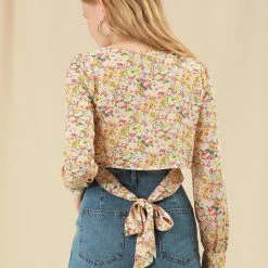 Allegra K Women's Tie Back Peasant Square Neck Floral Prairie Cropped Tops