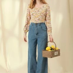 Allegra K Women's Tie Back Peasant Square Neck Floral Prairie Cropped Tops