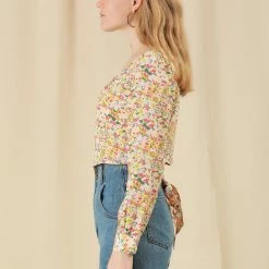 Allegra K Women's Tie Back Peasant Square Neck Floral Prairie Cropped Tops