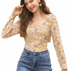 Allegra K Women's Tie Back Peasant Square Neck Floral Prairie Cropped Tops