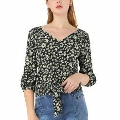 Allegra K Women's Floral Crop V Neck Button Down Elastic Cuff Tie Front Top Shirt