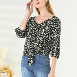 Allegra K Women's Floral Crop V Neck Button Down Elastic Cuff Tie Front Top Shirt