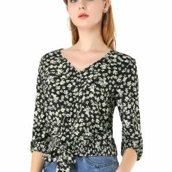 Allegra K Women's Floral Crop V Neck Button Down Elastic Cuff Tie Front Top Shirt