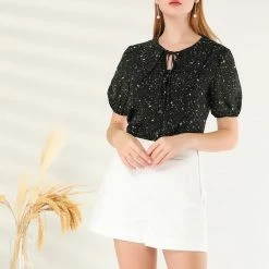 Allegra K Women's Point Collar Keyhole Button Front Chiffon Bow Tie Star Blouse