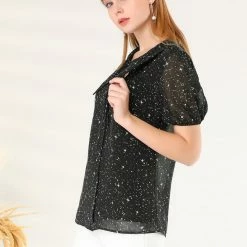 Allegra K Women's Point Collar Keyhole Button Front Chiffon Bow Tie Star Blouse