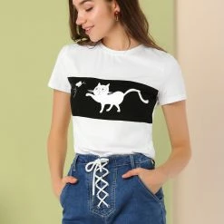 Allegra K Women's Summer Casual Short Sleeve Crew Neck Cartoon Cat Pet Print T-shirt
