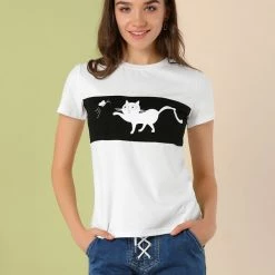 Allegra K Women's Summer Casual Short Sleeve Crew Neck Cartoon Cat Pet Print T-shirt