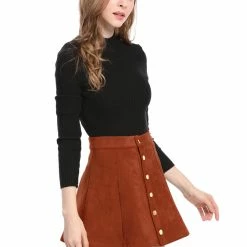 Allegra K Women's Faux Suede Single Breasted Front Button Mid Rise Mini A-Line Skirt
