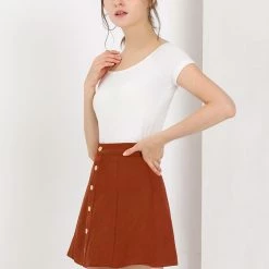 Allegra K Women's Faux Suede Single Breasted Front Button Mid Rise Mini A-Line Skirt