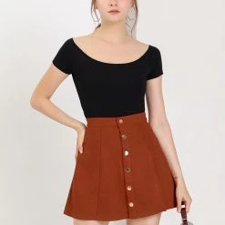 Allegra K Women's Faux Suede Single Breasted Front Button Mid Rise Mini A-Line Skirt