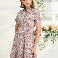 Allegra K Women's Ruffle Neck Tie Neck Bubble Sleeve Belted Ruffle Hem Floral Dress