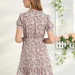 Allegra K Women's Ruffle Neck Tie Neck Bubble Sleeve Belted Ruffle Hem Floral Dress