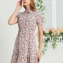 Allegra K Women's Ruffle Neck Tie Neck Bubble Sleeve Belted Ruffle Hem Floral Dress