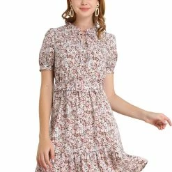 Allegra K Women's Ruffle Neck Tie Neck Bubble Sleeve Belted Ruffle Hem Floral Dress