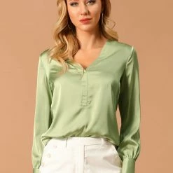 Allegra K Women’s Satin Long Sleeve V-Neck Shirt Elegant Work Solid Blouse Shirt