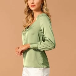 Allegra K Women’s Satin Long Sleeve V-Neck Shirt Elegant Work Solid Blouse Shirt