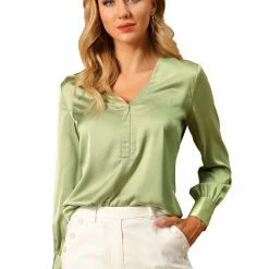 Allegra K Women’s Satin Long Sleeve V-Neck Shirt Elegant Work Solid Blouse Shirt