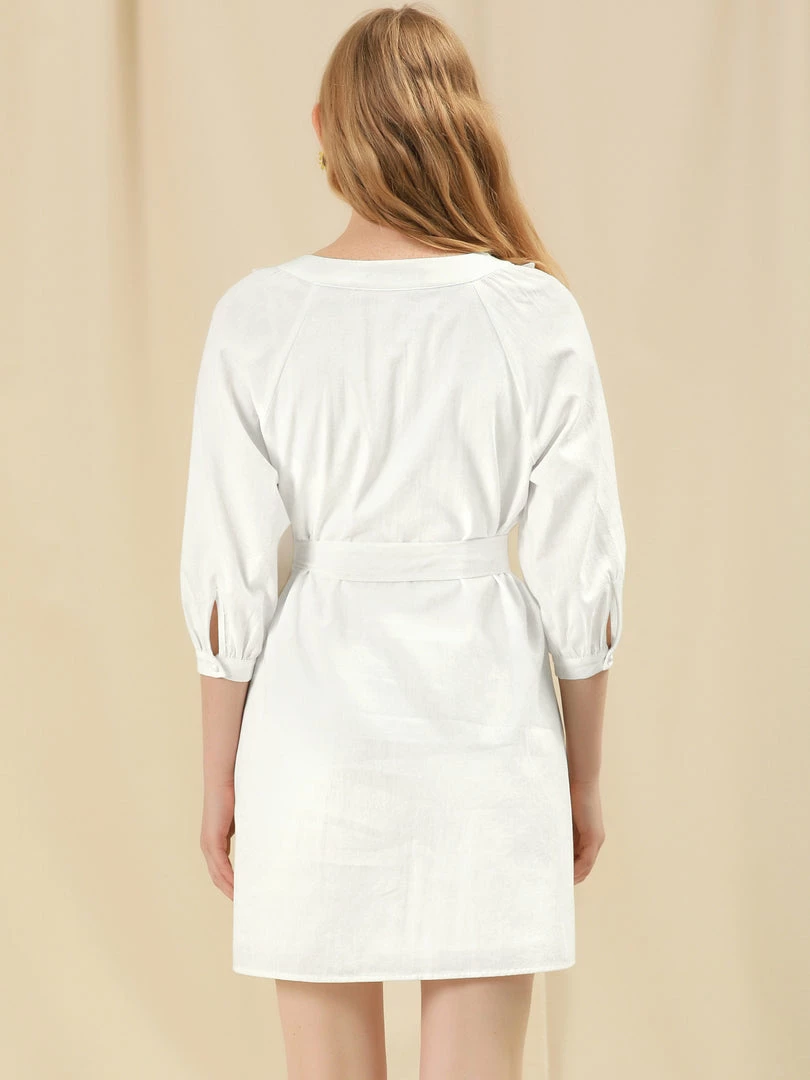 Allegra K Women's Puff Sleeve Ruffle Yoke Half Placket Straight Belted Peasant Dress 8 Allegra K Women's Puff Sleeve Ruffle Yoke Half Placket Straight Belted Peasant Dress