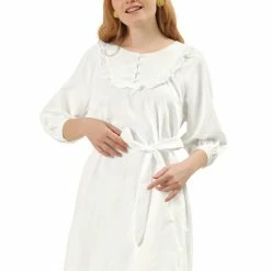 Allegra K Women's Puff Sleeve Ruffle Yoke Half Placket Straight Belted Peasant Dress