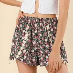 Allegra K Women's Casual Elastic Waist Tassel Summer Beach Floral Shorts
