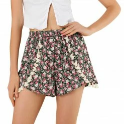 Allegra K Women's Casual Elastic Waist Tassel Summer Beach Floral Shorts