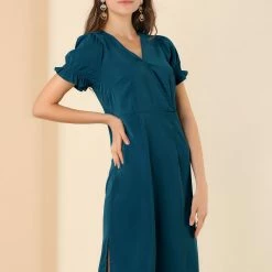 Allegra K Women's Casual A-Line Short Puff Sleeves Summer V Neck Dress 22 Allegra K Women's Casual A-Line Short Puff Sleeves Summer V Neck Dress