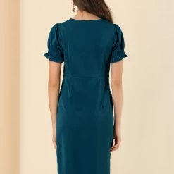 Allegra K Women's Casual A-Line Short Puff Sleeves Summer V Neck Dress 24 Allegra K Women's Casual A-Line Short Puff Sleeves Summer V Neck Dress