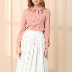 Allegra K Women's Button Down Shirt Peter Pan Collar Long Sleeve Bow Tie Neck Blouse