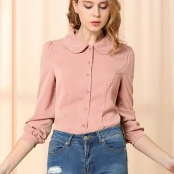 Allegra K Women's Button Down Shirt Peter Pan Collar Long Sleeve Bow Tie Neck Blouse