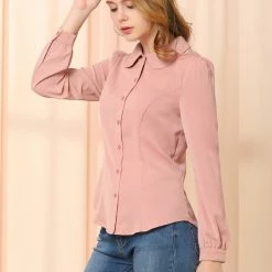 Allegra K Women's Button Down Shirt Peter Pan Collar Long Sleeve Bow Tie Neck Blouse