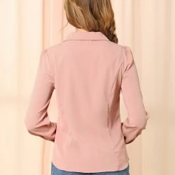 Allegra K Women's Button Down Shirt Peter Pan Collar Long Sleeve Bow Tie Neck Blouse