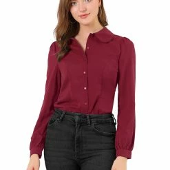 Allegra K Women's Button Down Shirt Peter Pan Collar Long Sleeve Bow Tie Neck Blouse