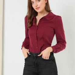 Allegra K Women's Button Down Shirt Peter Pan Collar Long Sleeve Bow Tie Neck Blouse