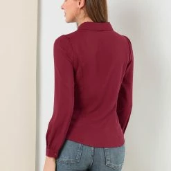 Allegra K Women's Button Down Shirt Peter Pan Collar Long Sleeve Bow Tie Neck Blouse