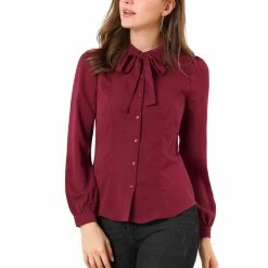 Allegra K Women's Button Down Shirt Peter Pan Collar Long Sleeve Bow Tie Neck Blouse