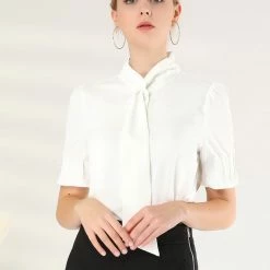 Allegra K Women's Work Office Blouse Button Down Puff Sleeve Tie Neck Top Shirt