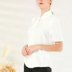 Allegra K Women's Work Office Blouse Button Down Puff Sleeve Tie Neck Top Shirt